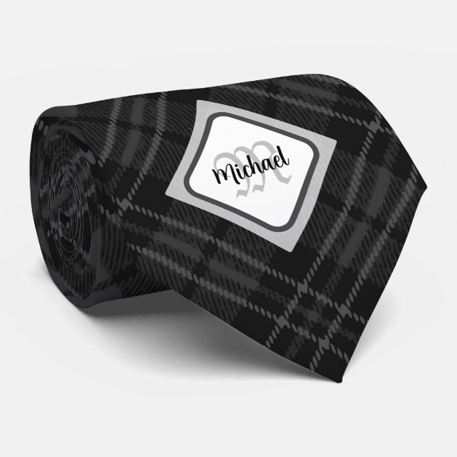 Gravata Trendy Black White Tartan Personalize Monograma (Rolled)