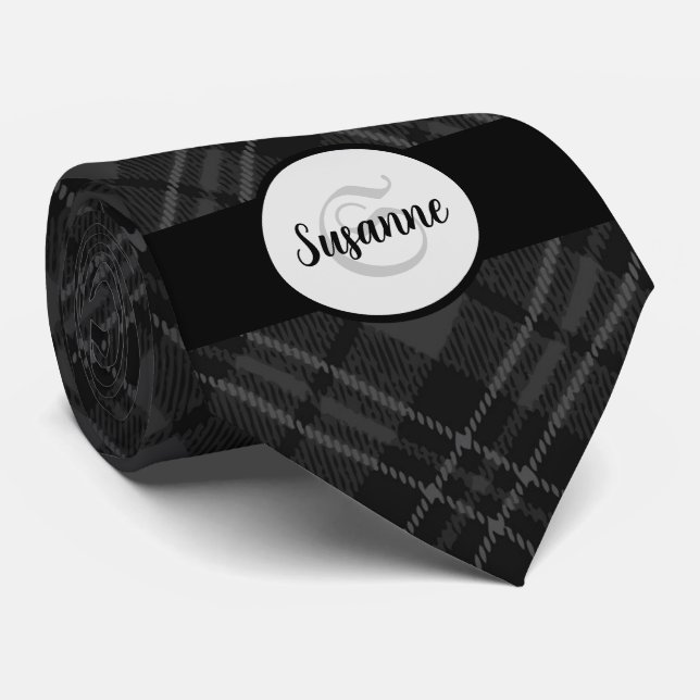 Gravata Trendy Black White Tartan Personalize Monograma (Rolled)