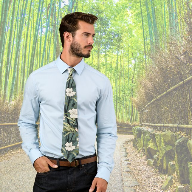 Gravata Tropical Flower Chinoiserie Asian Dusty Teal Print (Criador carregado)