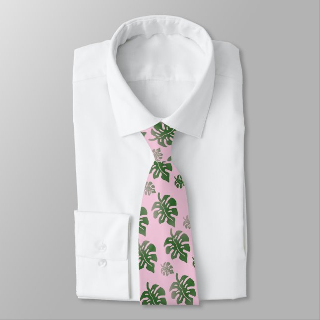 Gravata Tropical Leaves Pattern Green on Pink  (Amarrado)