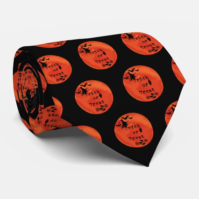 Gravata Truque ou tratem com bruxa e morcego na Lua Laranj (Rolled)