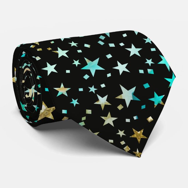 Gravata Turquesa Azul Profissional Estrelas Falso Dourado  (Rolled)