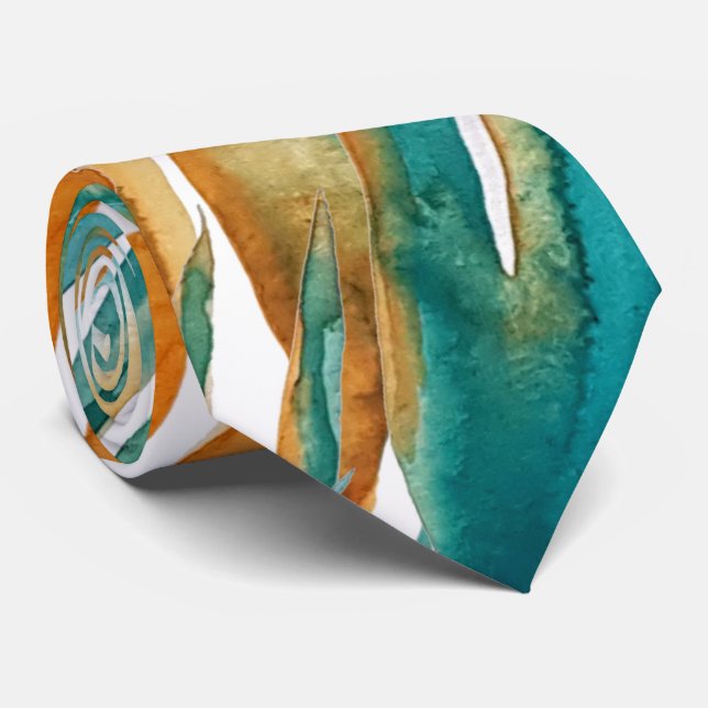 Gravata Turquesa E Ferrugem Outono Aquarela Pintada à Mão (Rolled)