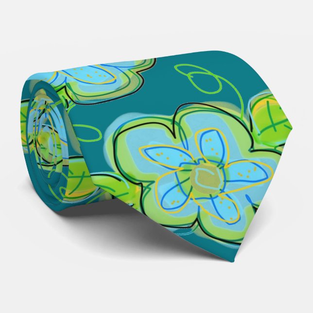 Gravata Turquesa Floral com Verde limão (Rolled)