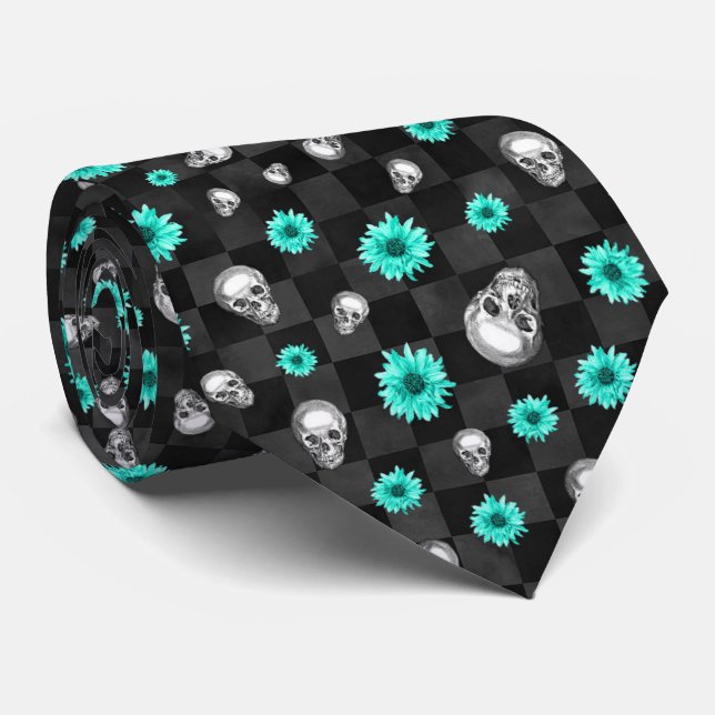 Gravata Turquesas Skulls e Sunflower Series Design 7 (Rolled)