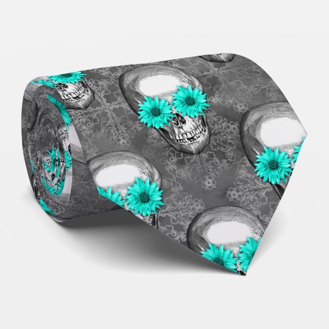 Gravata Turquesas Skulls e Sunflower Series Design 9 (Rolled)