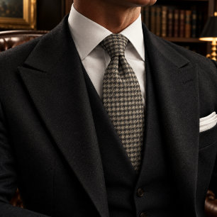 Gravata Tweed Charcoal Marfim Houndstooth Clássico