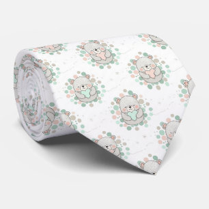 Gravata Ursinhos com Corações Rosa e Verde-Menta