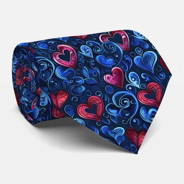 Gravata Valentine's Pretty Blue and Red Hearts (Rolled)