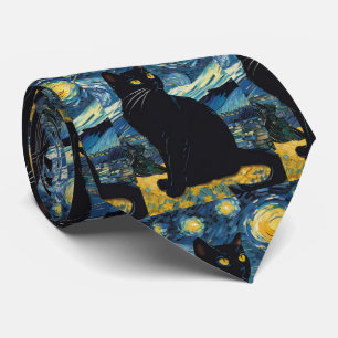 Gravata Van Gogh Noite Estrelada Gato Preto