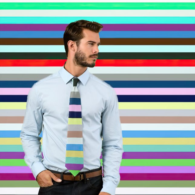 Gravata Variante de Nécktie Striped Multicolor #21 (Man wearing a necktie with multicolored horizontal stripes. Background matches tie.)