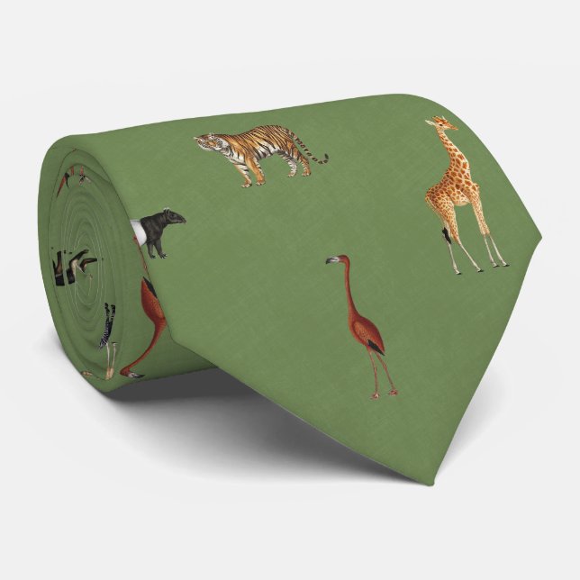 Gravata Verde com Padrão de Animais da Selva Safar (Rolled)