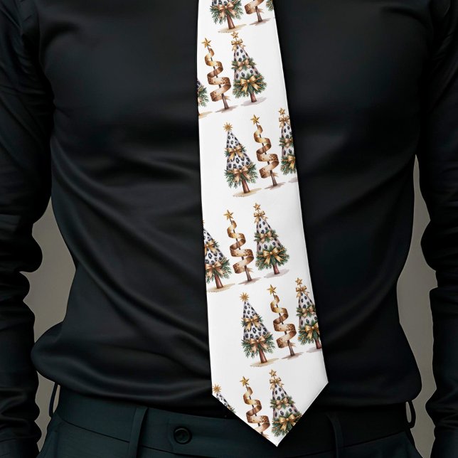 Gravata verde dourada natalina com estampa de leop (Playful leopard pattern Christmas green gold tie)
