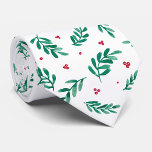 Gravata Verde Folhas e Berries Vermelhos Padrão de Natal B<br><div class="desc">Gravata branca de Natal impressa com uma cor de água festiva,  folhas verdes e bagas vermelhas. Presente de Natal perfeito para um entusiasta do inverno,  da floresta e do estilo rústico.</div>