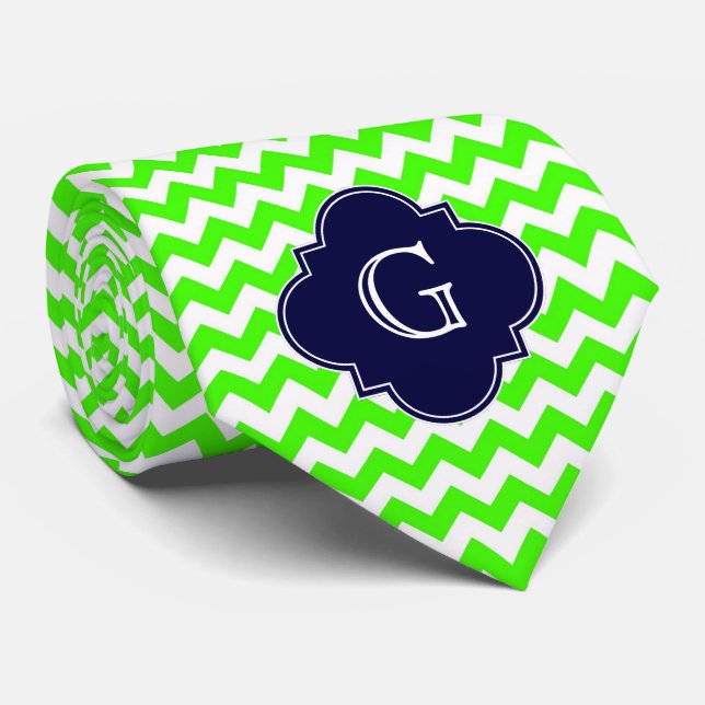 Gravata Verde limão Chevron Marinho Azul Quatrefoil Monogr (Rolled)