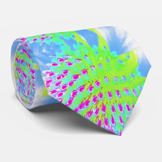 Gravata Verde limão e Flor de Cone Abstrato Roxo (Rolled)