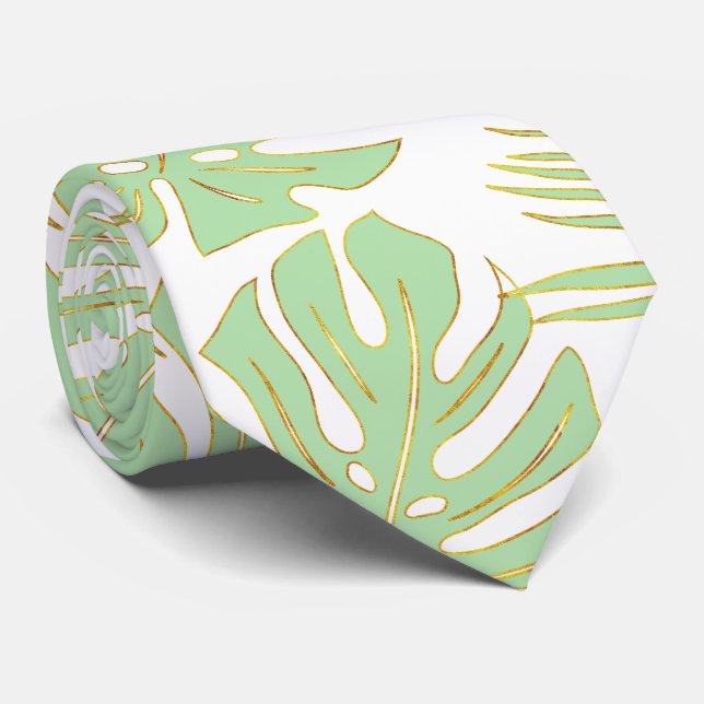 Gravata Verde-mint, monstera tropical-dourada e palmeiras (Rolled)