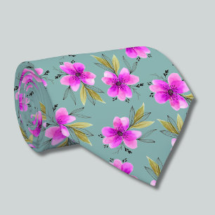 Gravata verde musgo floral rosa em aquarela lírio