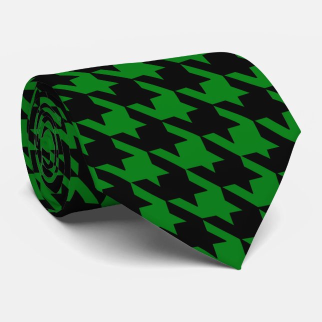 Gravata Verificação de Houndstooth de Kelly Green & Black (Rolled)