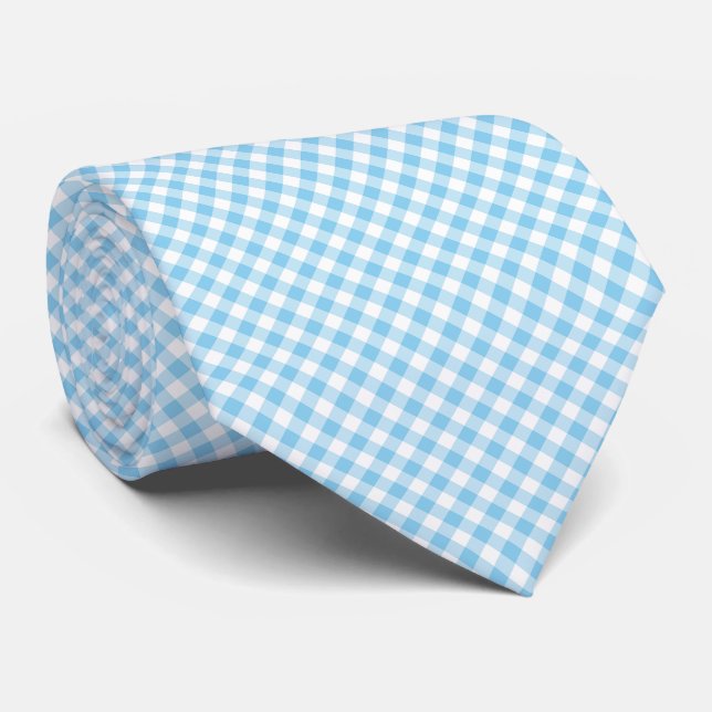 Gravata Verificações de Gingham Diagonal Média de Azul-Beb (Rolled)