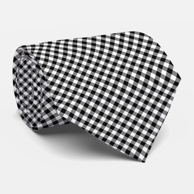 Gravata Verificações de Gingham Diagonal Médio Preto e Bra (Rolled)