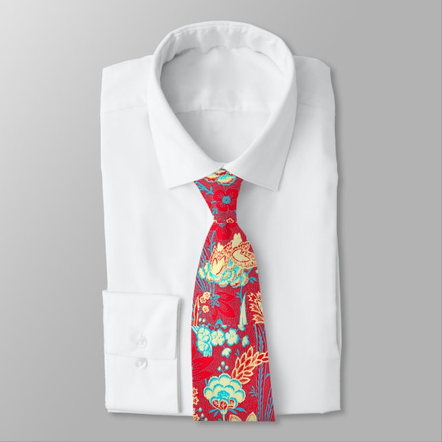 GRAVATA VERMELHO AZUL BRANCO FLORES SILVESTRES TULIPAS, FO (Amarrado)