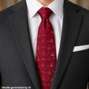 Gravata Vermelho Elegante C/ Árvores de Natal em Dourado R