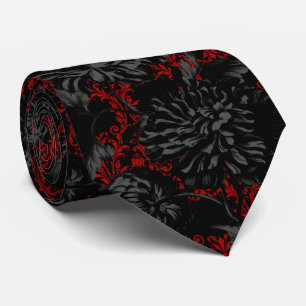 Gravata Vermelho Gótico Damasco Preto Floral 2 Pescoço Cas