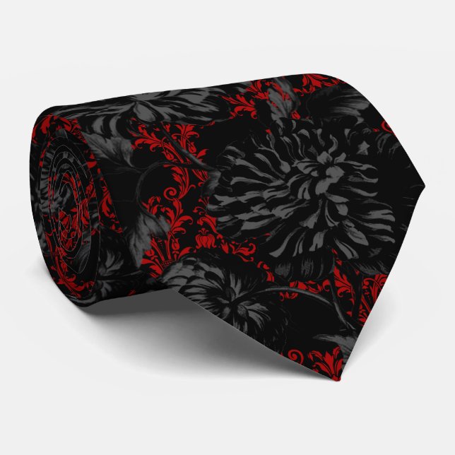 Gravata Vermelho Gótico Damasco Preto Floral 2 Pescoço Cas (Rolled)