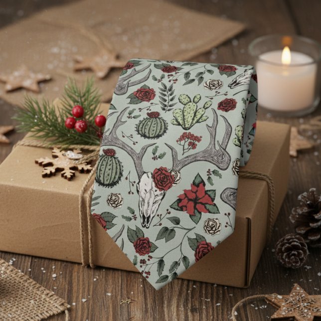 Gravata Vestígios de vassoura-de-vassoura-de-natal vermelh (Sage Green Country Christmas Men's Tie. Xmas Reindeer Skull, Antlers, Red Poinsettias, Cacti Pattern)