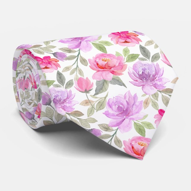 Gravata Vibração Fresca de Primavera: Design Floral Rosa e (Rolled)