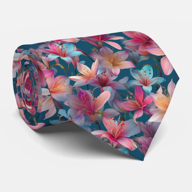 Gravata Vibrant Multicolor Lily Floral Pattern (Rolled)