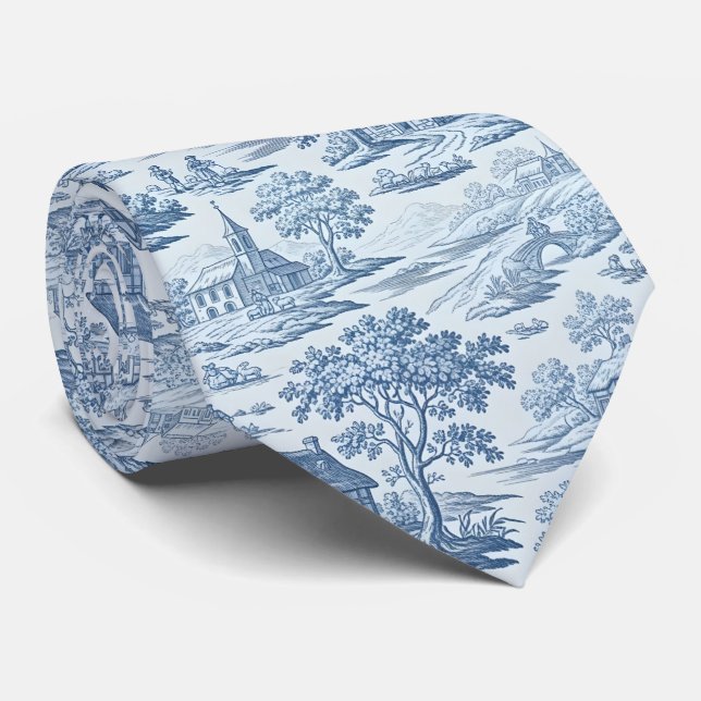 Gravata Vila Toile de Jouy em azul (Rolled)