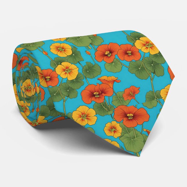 Gravata Vinhas Nasturtium laranja com fundo azul brilhante (Rolled)