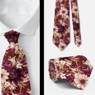 Gravata Vinho Borgonha Boho Flores Aquarela