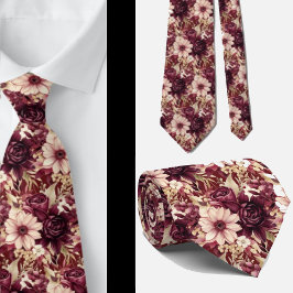 Gravata Vinho Tinto Boho Flores Aquarela