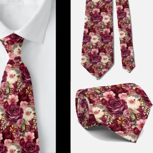 Gravata Vinho Tinto Boho Flores Aquarela