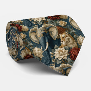 Gravata Vintage Azul-Marinho Elefante e Tigre Chintz