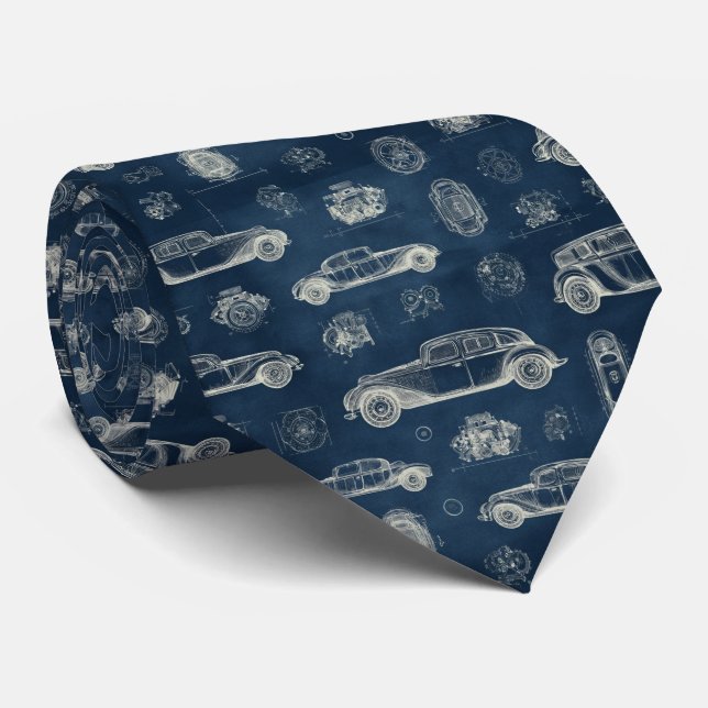 Gravata Vintage Car Blueprint Pattern (Rolled)