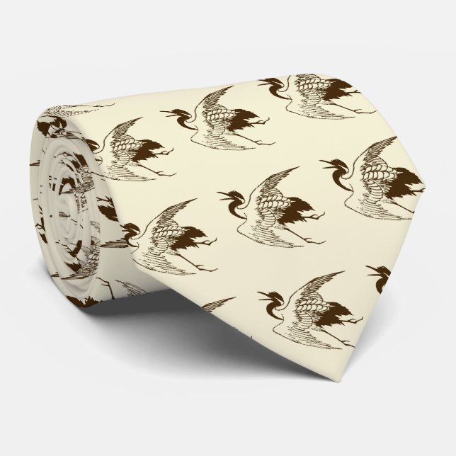 Gravata Vintage - Desenho japonês de uma grua, Brown (Rolled)
