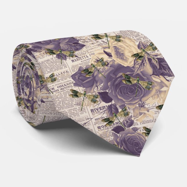 Gravata Vintage Dragonfly Pescoço Floral (Rolled)