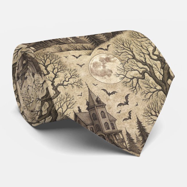 Gravata Vintage Haunted House & Full Moon (Rolled)