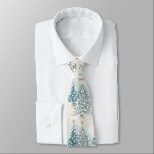 Gravata Vintage Retro Natal Árvores de Prata Azul