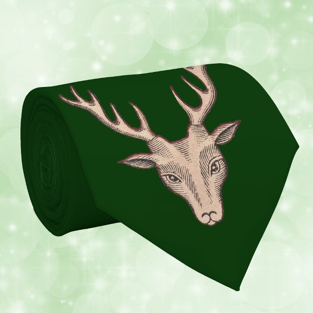 Gravata Vintage Surreal Deer Head Antlers (Head of brown male surreal deer with antlers on dark forest green neck tie.)