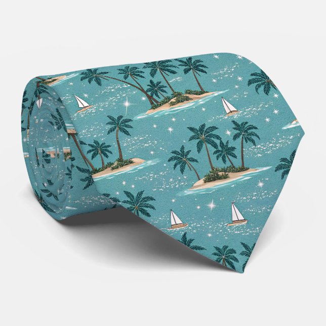 Gravata Vintage Tropical Palm Trees and Sail Boats (Rolled)