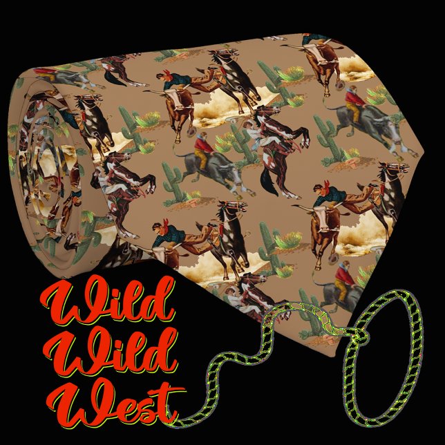 Gravata Vintage Western Rodeo Evita Cowboy (Western necktie with vintage western rodeo events bull riding, steer wrestling , cowgirl on horse)