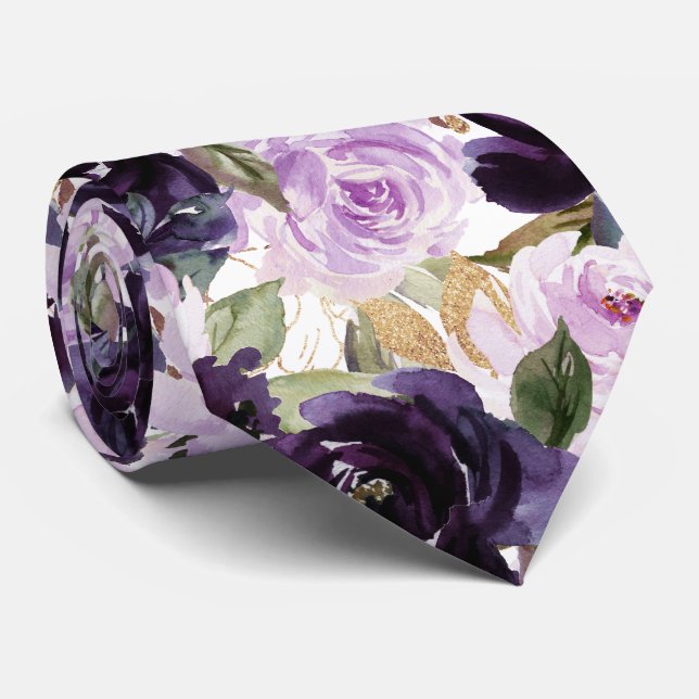 Gravata Watercolor Flowers Aubergine Purple Lilac Roses   (Rolled)