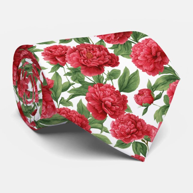 Gravata Watercolor Red Peony Floral Pattern (Rolled)