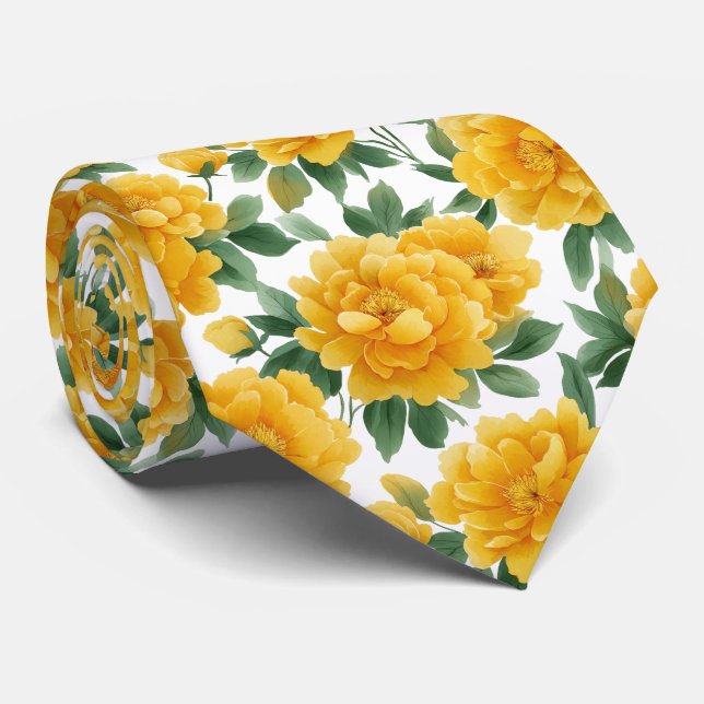Gravata Watercolor Yellow Peony Floral Pattern (Rolled)
