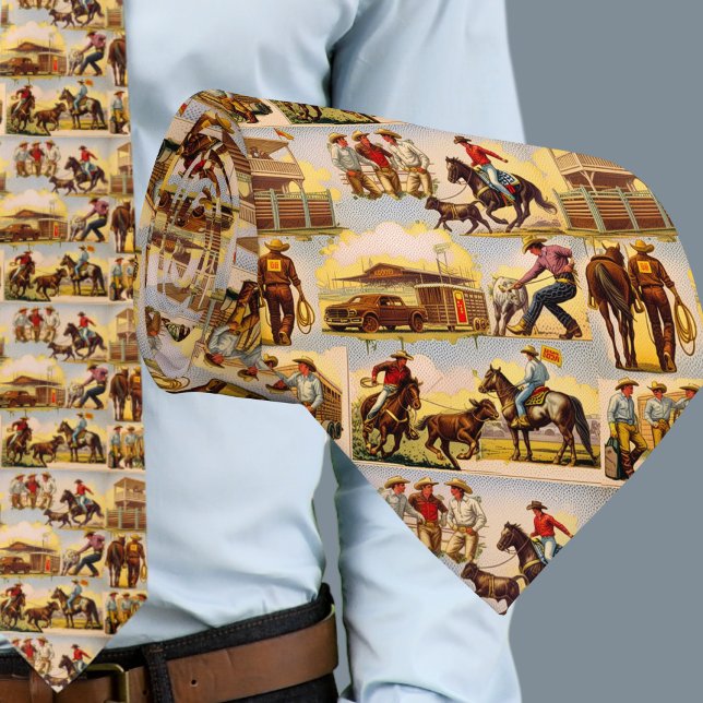 Gravata Western Rodeo Arena Cowboys Roping (Vintage Western Cowboy Rodeo Scenes print on Men's Necktie)